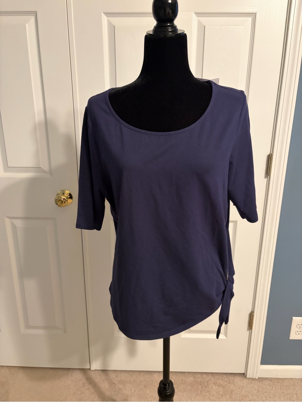 Belle by KimGravel Navy Short Sleeve Scoop Neck Top w/ Side Tie & Grommet New Lg
